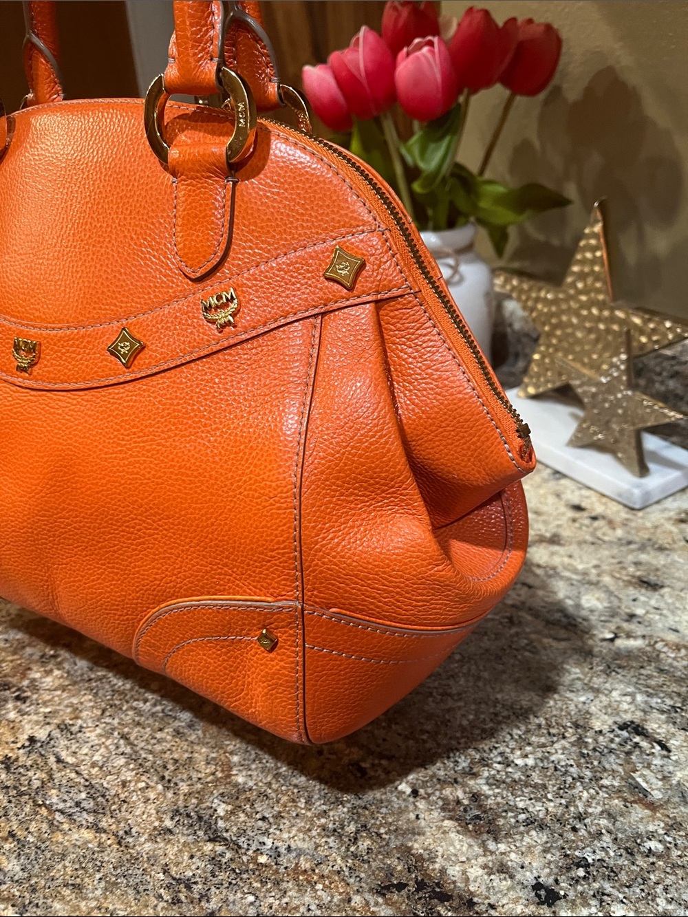 MCM Orange Pebbled Leather Dome Satchel with Gold-Tone Accents - Picture 3 of 13